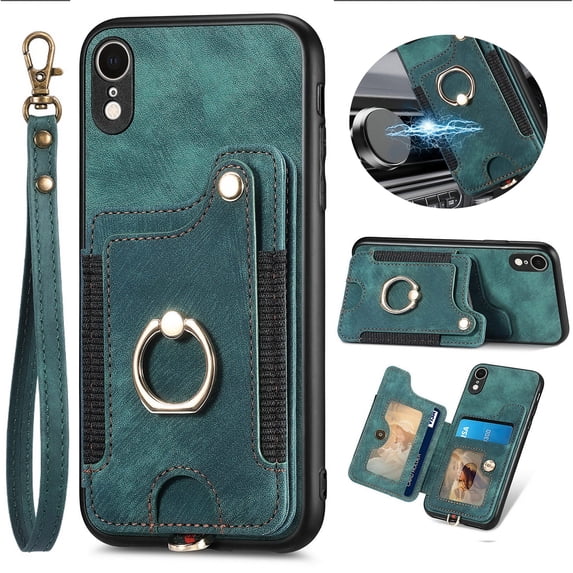 Dteck for iPhone XR Case Wallet with Card Holder,Ring Stand,Wrist Strap,RFID-Blocking PU Leather Protective Magnetic Flip Cover, Green
