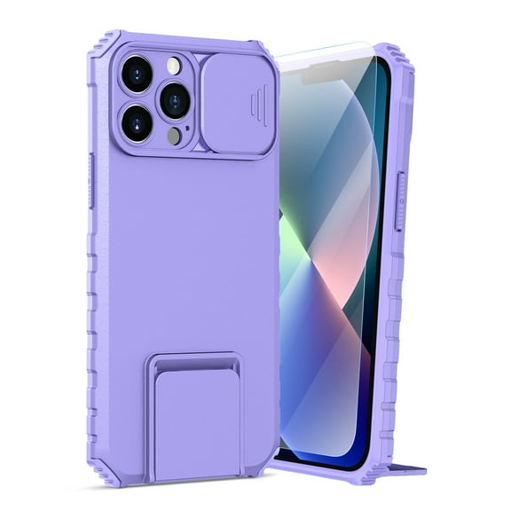 Dteck for iPhone XR Case with Screen Protector, Slide Camera Protector Phone Case with Built-in Stand Shockproof Rugged Bumper for iPhone XR,Purple