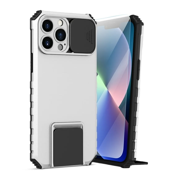 Dteck for iPhone XR Case with Screen Protector, Slide Camera Protector Phone Case with Built-in Stand Shockproof Rugged Bumper for iPhone XR,White