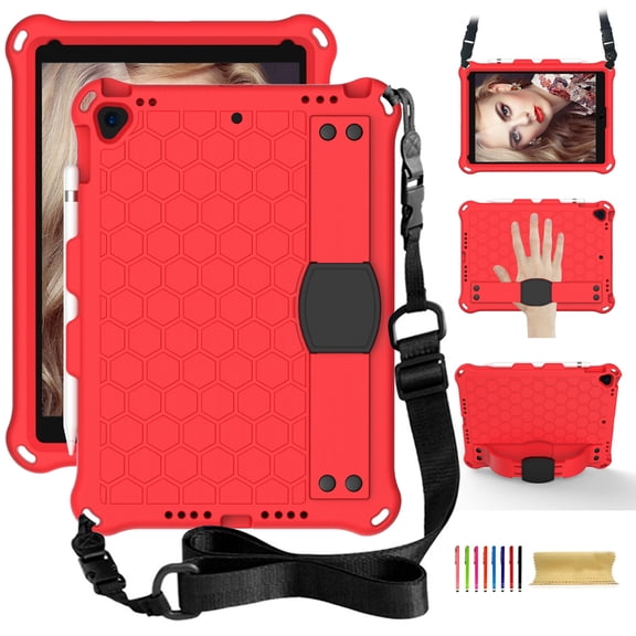 Dteck iPad 10.2 2021 Case with Adjustable Shoulder Strap, Kids Case for iPad 9th Gen/iPad 8th Gen/iPad 7th Gen, Heavy Duty Rugged Kickstand Case with Hand Strap & Pencil Holder, Red