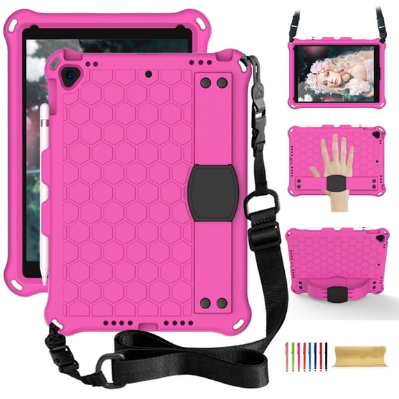 Dteck iPad 10.2 2021 Case with Adjustable Shoulder Strap, Kids Case for iPad 9th Gen/iPad 8th Gen/iPad 7th Gen, Heavy Duty Rugged Kickstand Case with Hand Strap & Pencil Holder, Rose