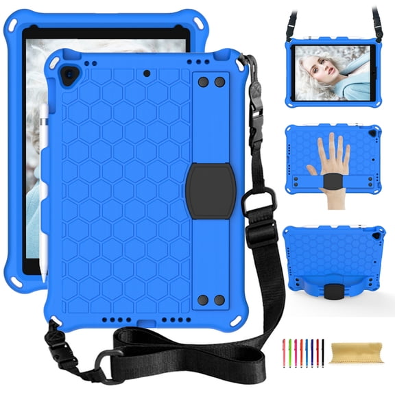 Dteck iPad 10.2 2021 Case with Adjustable Shoulder Strap, Kids Case for iPad 9th Gen/iPad 8th Gen/iPad 7th Gen, Heavy Duty Rugged Kickstand Case with Hand Strap & Pencil Holder, Blue