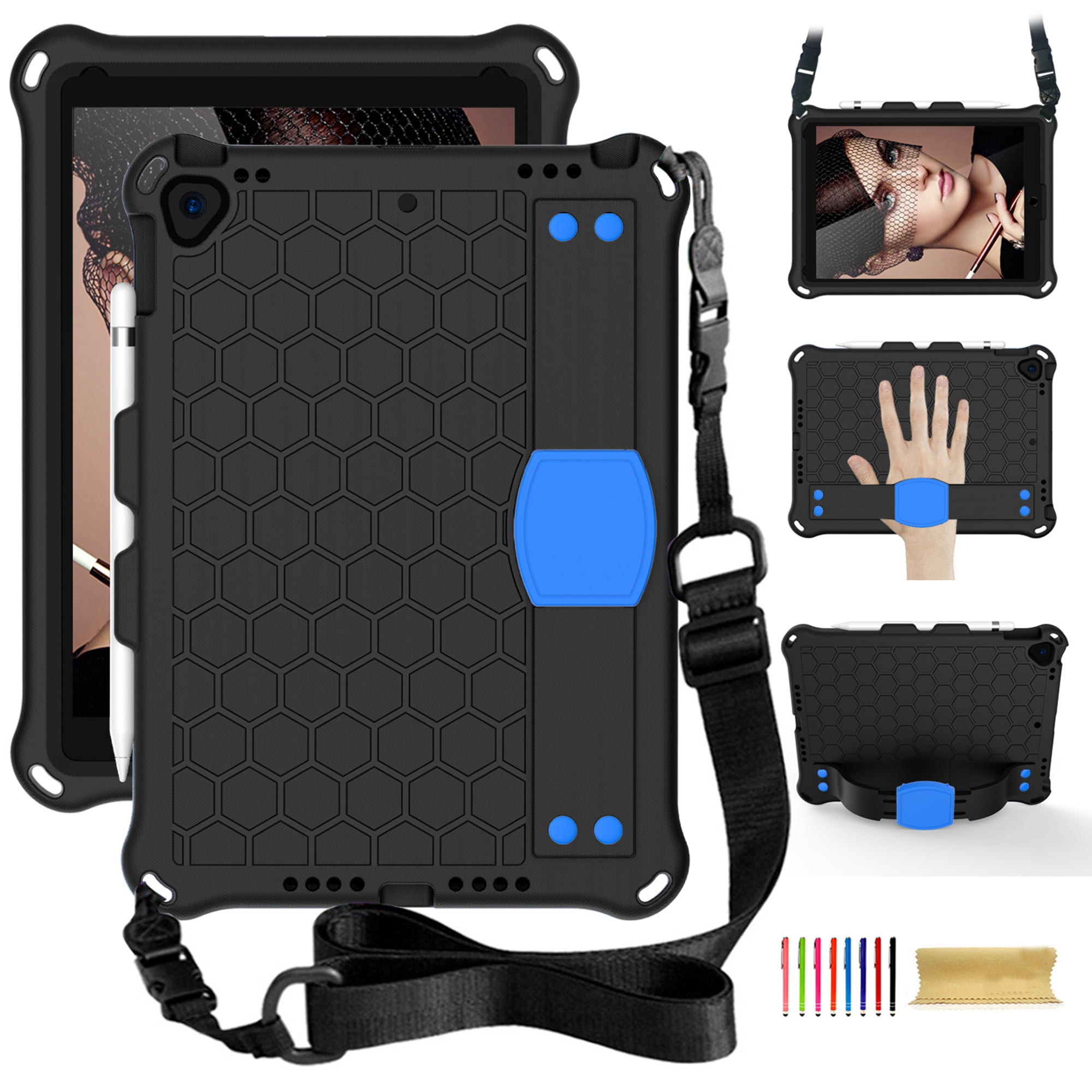 Dteck iPad 10.2 2021 Case with Adjustable Shoulder Strap, Kids Case for iPad 9th Gen/iPad 8th Gen/iPad 7th Gen, Heavy Duty Rugged Kickstand Case with Hand Strap & Pencil Holder, Black/Blue
