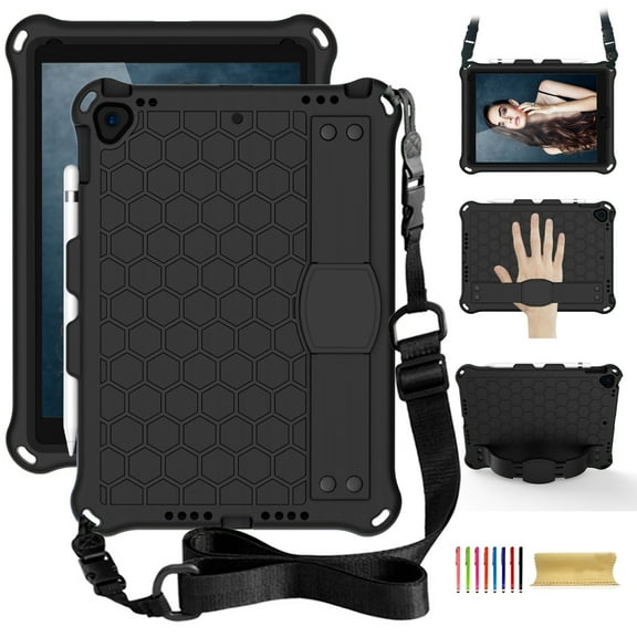 Dteck iPad 10.2 2021 Case with Adjustable Shoulder Strap, Kids Case for iPad 9th Gen/iPad 8th Gen/iPad 7th Gen, Heavy Duty Rugged Kickstand Case with Hand Strap & Pencil Holder, Black