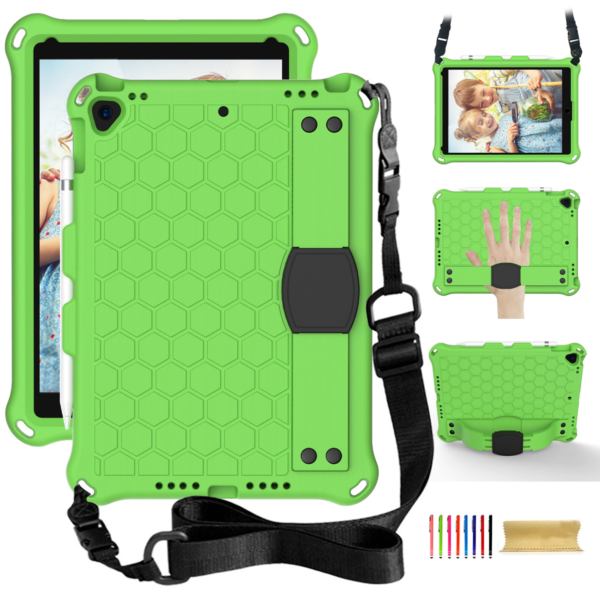 Dteck iPad 10.2 2021 Case with Adjustable Shoulder Strap, Kids Case for iPad 9th Gen/iPad 8th Gen/iPad 7th Gen, Heavy Duty Rugged Kickstand Case with Hand Strap & Pencil Holder, Green
