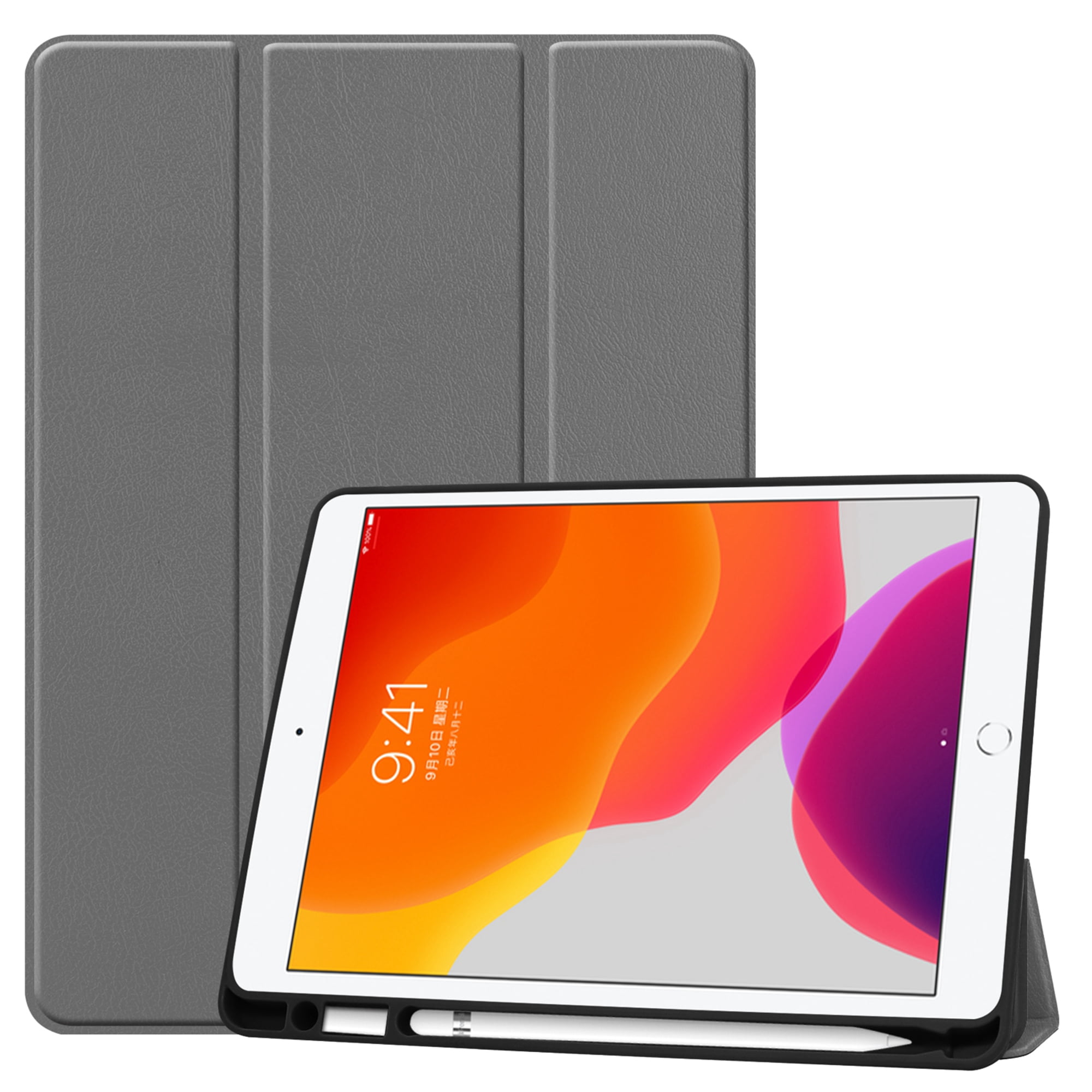Dteck iPad 10.2 Case with Pencil Holder, iPad 7th Gen Case, Slim Fit PU Leather Trifold Smart Case Auto Wake Sleep, Flexible TPU Matte Back Cover For Apple iPad 7th Generation 10.2'' 2019, Gray