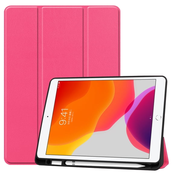 Dteck iPad 10.2 Case with Pencil Holder, iPad 7th Gen Case, Slim Fit PU Leather Trifold Smart Case Auto Wake Sleep, Flexible TPU Matte Back Cover For Apple iPad 7th Generation 10.2'' 2019, Hot Pink