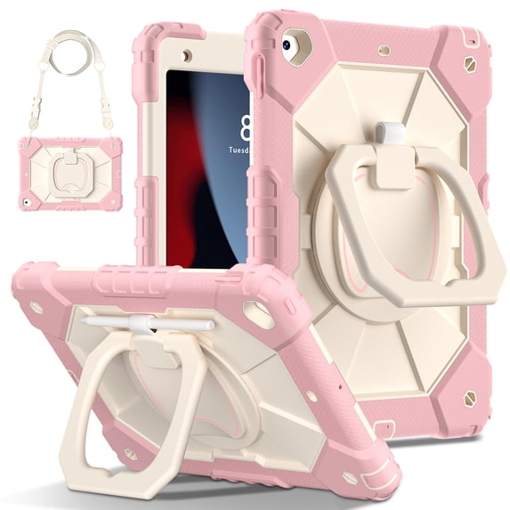Dteck for iPad 10.2 Case with Screen Protector Film,iPad 9th/8th/7th Gen Case Crossbody Strap for Kids,Heavy Duty Shockproof Protective Case with 360 Rotating Handle Stand Pencil Holder,Rosegold