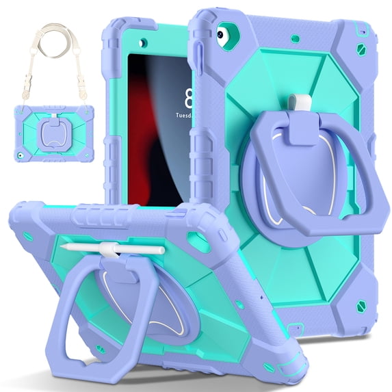 Dteck for iPad 10.2 Case with Screen Protector Film,iPad 9th/8th/7th Gen Case Crossbody Strap for Kids,Heavy Duty Shockproof Protective Case with 360 Rotating Handle Stand Pencil Holder,Purple + Mint