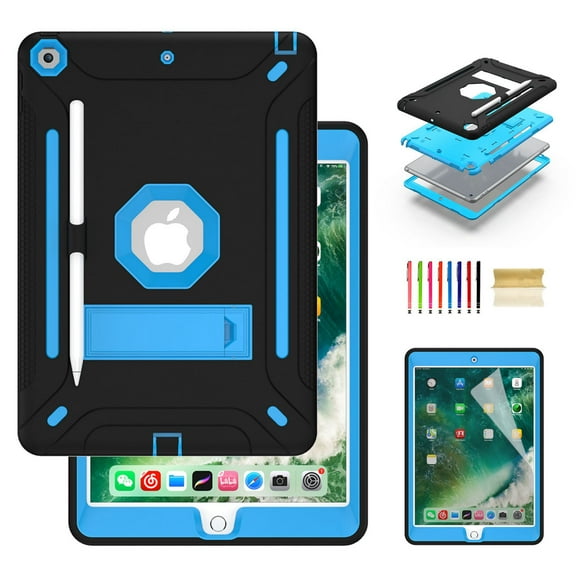 Dteck iPad 10.2 Case with Screen Protector, iPad 8th Generation Case, iPad 7th Generation Case, Heavy Duty 3-Layer Hybrid Rugged Shockproof High Impact Case with Kickstand, Black/Blue