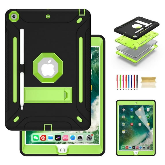 Dteck iPad 10.2 Case with Screen Protector, iPad 8th Generation Case, iPad 7th Generation Case, Heavy Duty 3-Layer Hybrid Rugged Shockproof High Impact Case with Kickstand, Black/Green