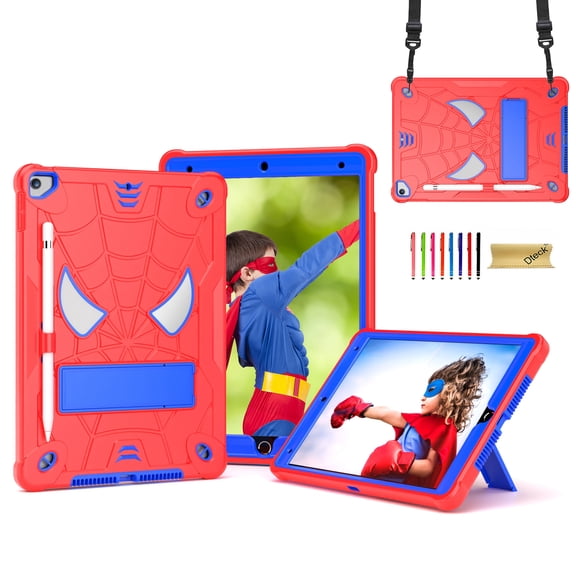 Dteck for iPad 10.2 Case Shockproof Rugged Protective, iPad Case 9th/8th/7th Generation with Crossbody Shoulder Strap for Kids, iPad 9th 8th 7th Gen Case 2021 2020 2019 with Kickstand,Red+Blue