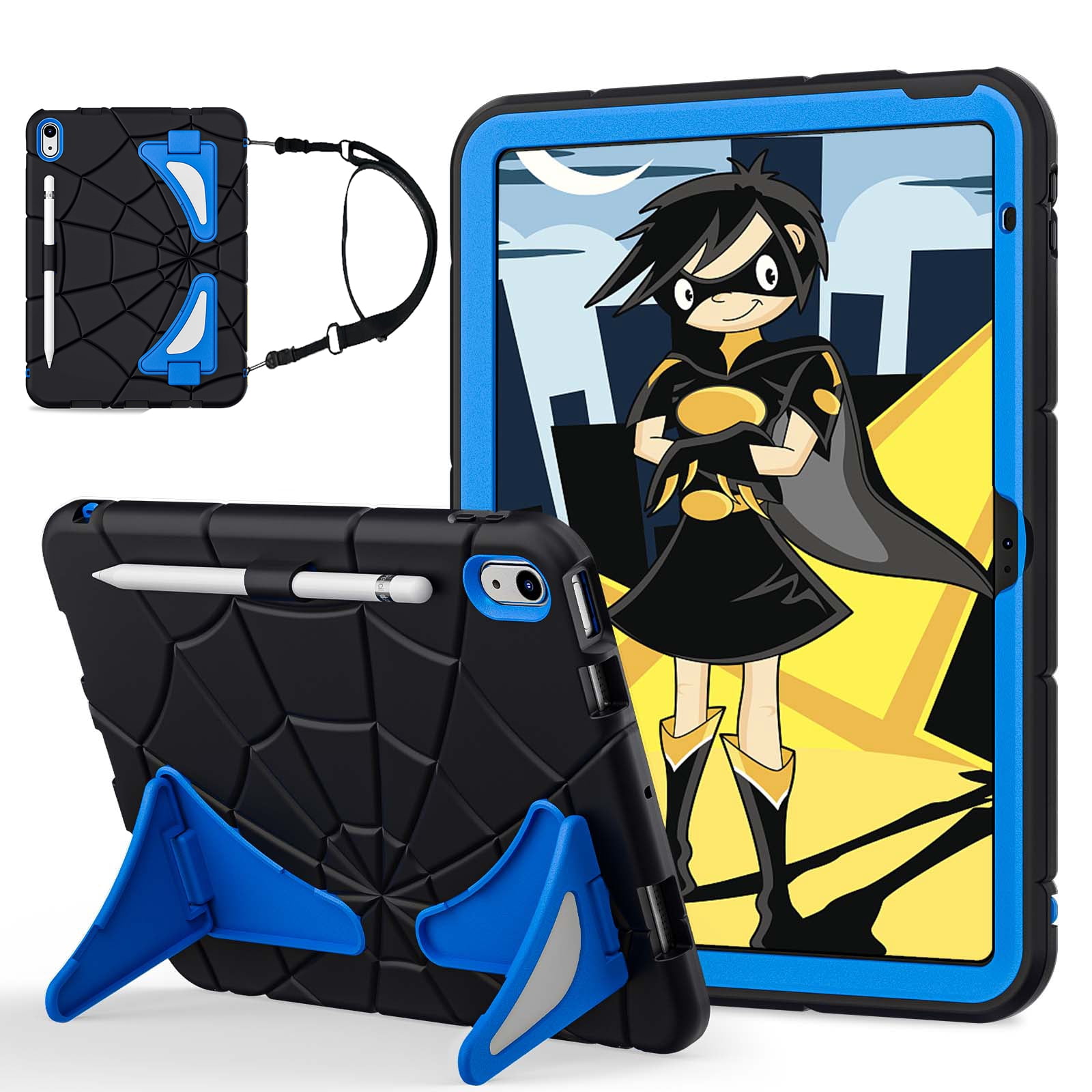 Dteck iPad 10th Generation Case iPad 10.9 Case 2022 New iPad 10th Gen Case for Kids 10.9 Inch Shockproof Protective Cover with Pencil Holder & Shoulder Strap & Kickstand for Kids Children,Black + Blue
