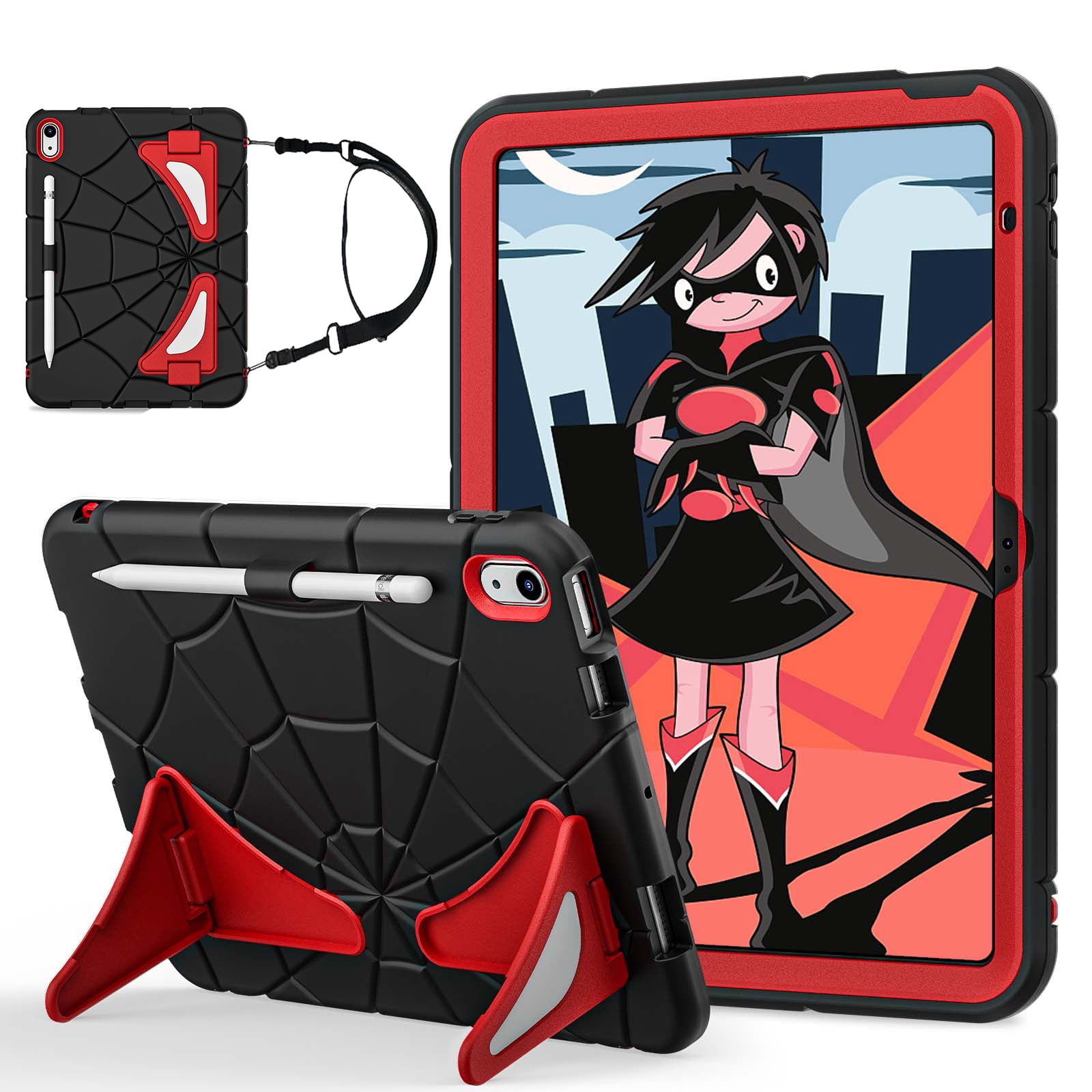 Dteck iPad 10th Generation Case iPad 10.9 Case 2022 New iPad 10th Gen Case for Kids 10.9 Inch Shockproof Protective Cover with Pencil Holder & Shoulder Strap & Kickstand for Kids Children,Black + Red