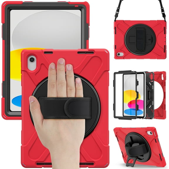 Dteck for iPad 10th Generation Case 10.9" 2022, with Rotation Stand Hand Strap, Heavy Duty Crossbody Shoulder Strap Shockproof Rugged Soft Silicone Hard Protective Case for Kids, Girls Women, Rose