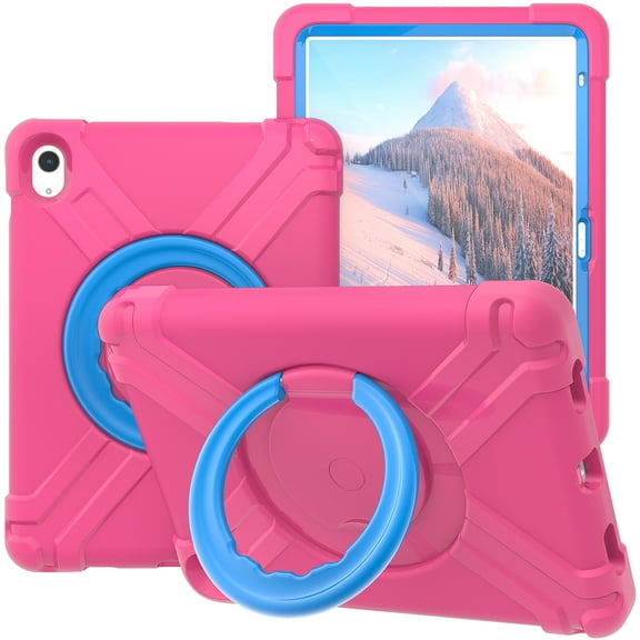 Dteck iPad 10th Generation Case 10.9 Inch 2022, Heavy Duty Shockproof Protective Case for Kids with 360 Rotating Handle Grip Stand for Apple iPad 10th Gen 2022,Rose + Blue
