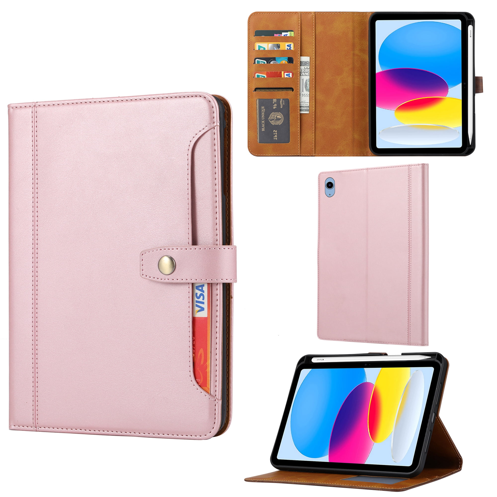 Dteck iPad 10th Generation Case 10.9 Inch 2022, Premium Leather Business Folio Stand Cover with Pencil Holder - Multiple Viewing Angles Case, Rosegold