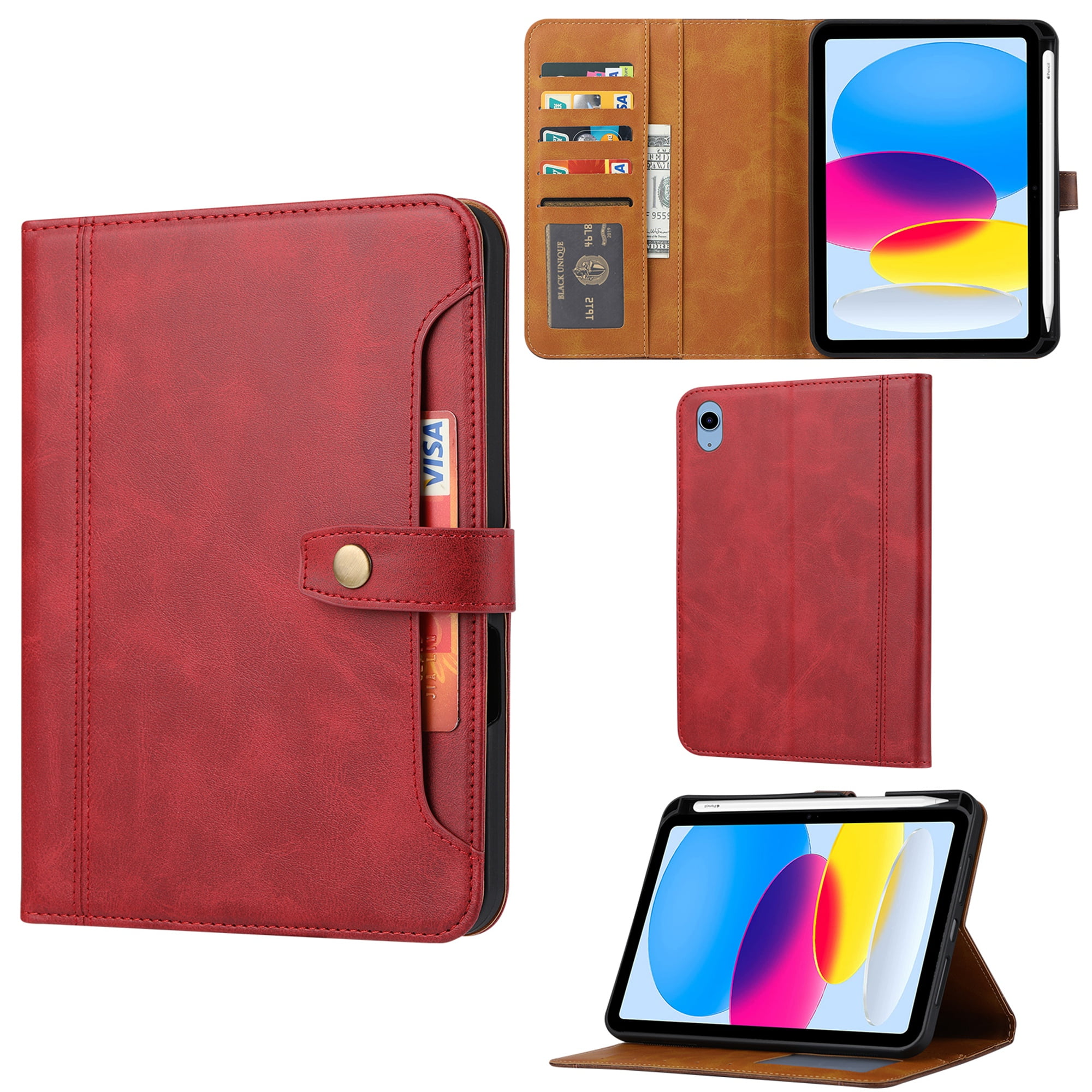 Dteck iPad 10th Generation Case 10.9 Inch 2022, Premium Leather Business Folio Stand Cover with Pencil Holder - Multiple Viewing Angles Case, Red