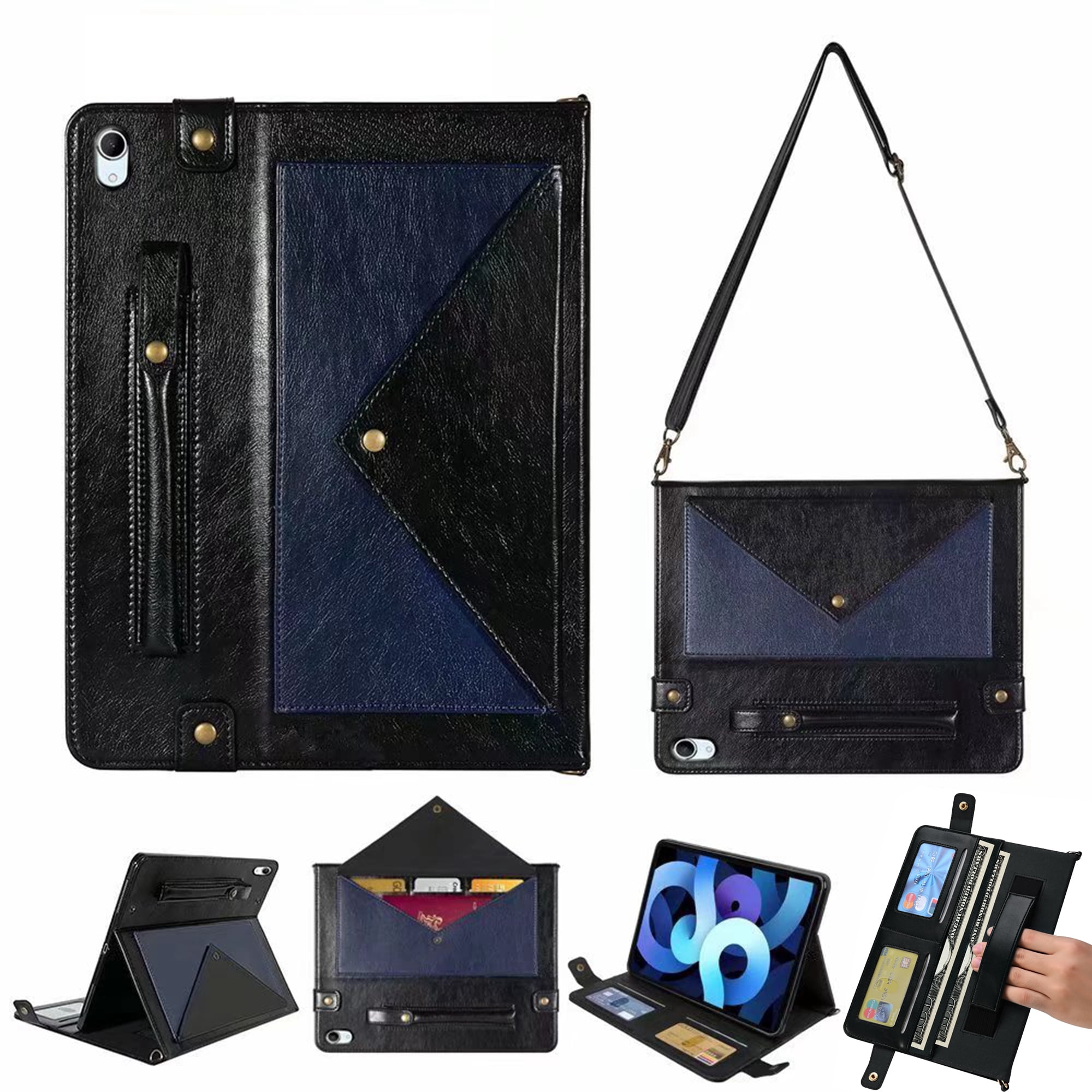 Dteck for iPad 10th Generation Case 10.9 Inch 2022, Premium PU Leather Business Folio Stand Cover with Apple Pencil Holder, 
Crossbody iPad Case with Card Wallet Envelope Pocket, Blue + Black