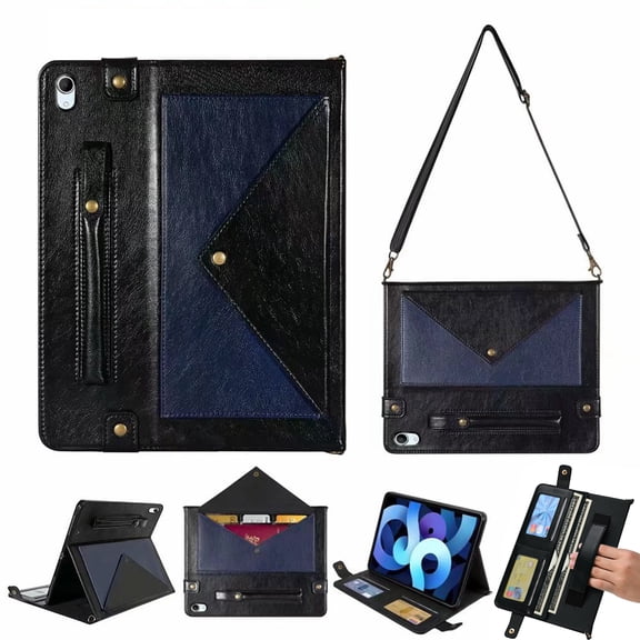 Dteck for iPad 10th Generation Case 10.9 Inch 2022, Premium PU Leather Business Folio Stand Cover with Apple Pencil Holder, 
Crossbody iPad Case with Card Wallet Envelope Pocket, Blue + Black
