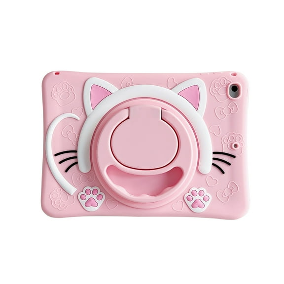 Dteck Kids Case for iPad A16 11th Generation 2025 & iPad 10th Generation 10.9" 2022, Soft Silicone 3D Cartoon Cute Design Kickstand Shockproof Bumper Case with Shoulder Strap,Pink Cat