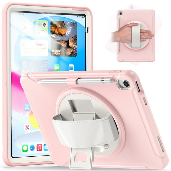 Dteck iPad 10th Generation Case 10.9", Shockproof Case with 360° Rotating Hand Strap/Pencil Holder/Kickstand Cover for iPad 10th Gen 2022,Pink