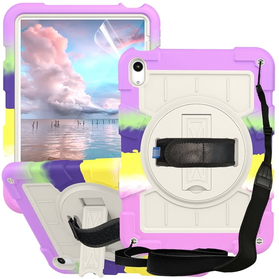 Dteck for iPad 10th Generation Case 2022 10.9 Inch with Soft TPU Screen Protector, Heavy Duty Rugged Protective Kids 10th Gen iPad Cover with Rotating Stand Hand/Shoulder Strap,Rainbow Purple