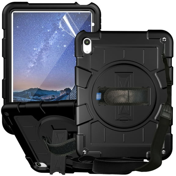 Dteck for iPad 10th Generation Case 2022 10.9 Inch with Soft TPU Screen Protector, Heavy Duty Rugged Protective Kids 10th Gen iPad Cover with Rotating Stand Hand/Shoulder Strap,Black
