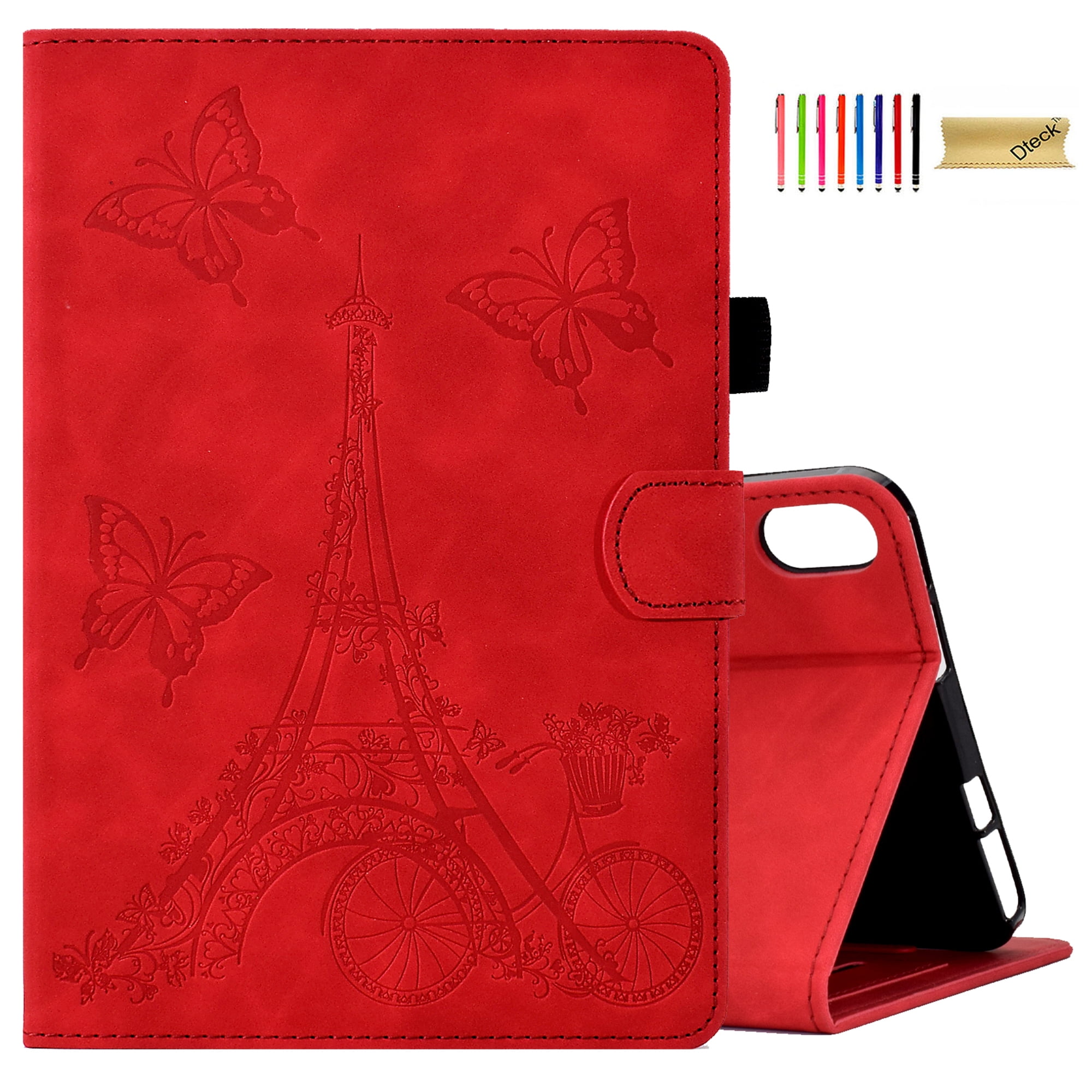 Dteck for iPad 10th Generation Case 2022, iPad 10 th Gen 10.9 inch Protective Cover with Pencil Holder, Multi-Angle Viewing Stand, Card Slots, Folio Leather Cases with Embossed Butterfly,Red