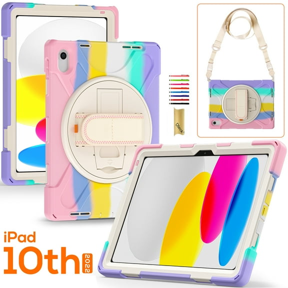 Dteck iPad 10th Generation Case 2022 with 360 Rotating Hand Strap Stand Carrying Shoulder Strap, Heavy Duty Full Body Shockproof Protective Case for iPad 10th Gen 10.9 inch, Rainbow Pink