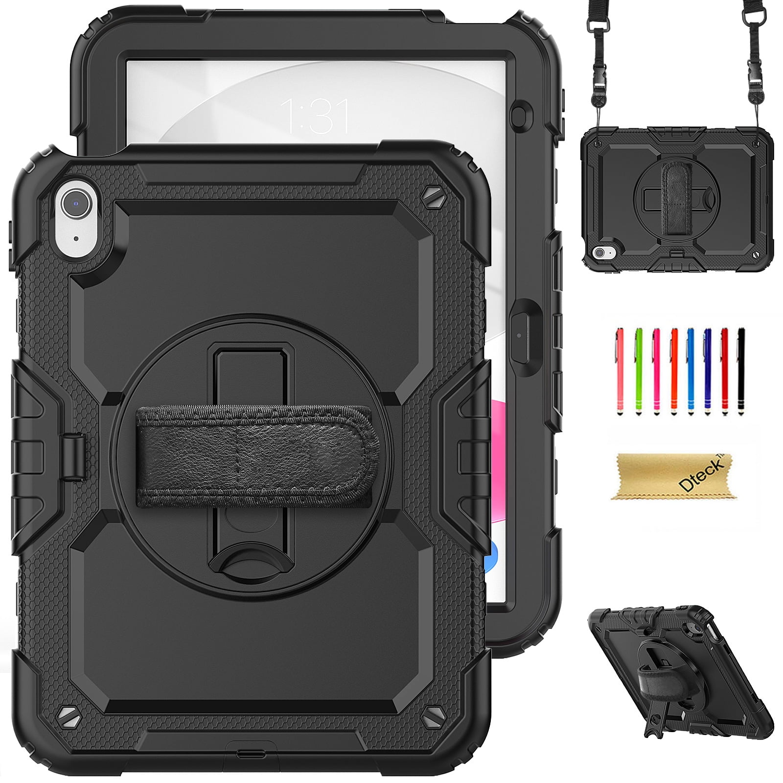 Dteck iPad 10th Generation Case with Built-in Screen Protector, Heavy Duty Shockproof Rugged Case with Pencil Holder,Shoulder Strap & Rotating Hand Strap/Stand for 10.9" iPad 10th Gen 2022,Black