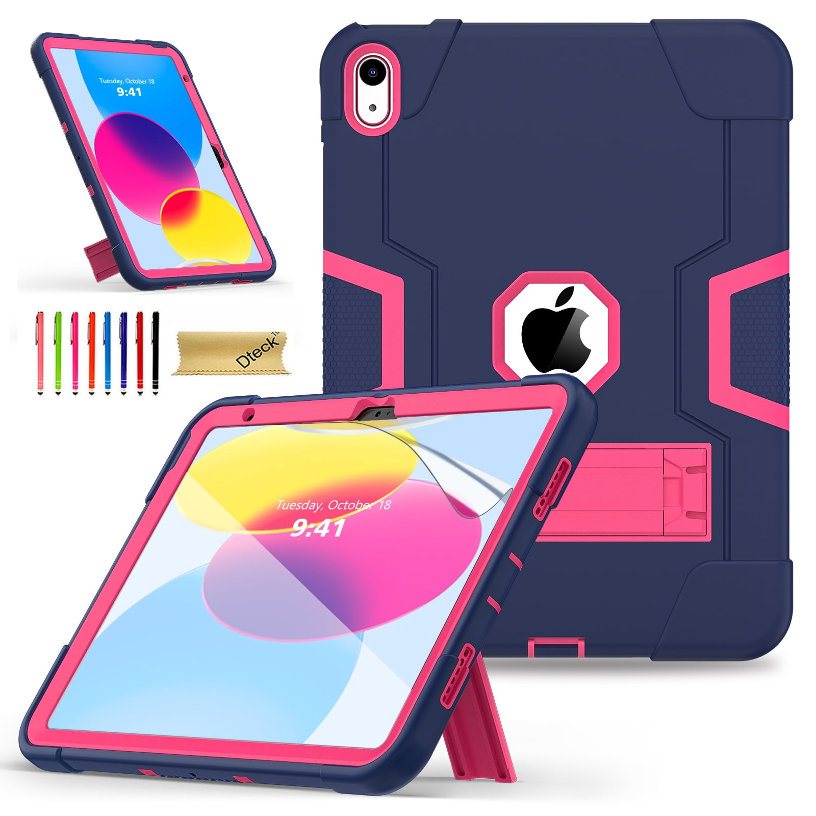 Dteck for iPad 10th Generation Case with HD Screen Protector Film, New iPad  (2022) 10.9 inch Rugged Case, Heavy Duty Hybrid Shockproof Case with  Kickstand for iPad 10th Gen 2022,Navy+Rose 