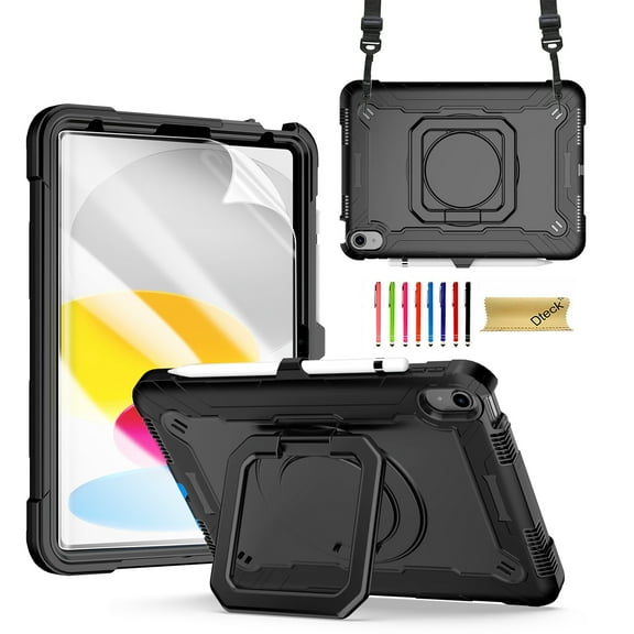 Dteck iPad 10th Generation Case, New iPad 2022 10.9 inch Rugged Case with Screen Protector, Rotating Stand/Pencil Holder/Carrying Shoulder Strap,Black