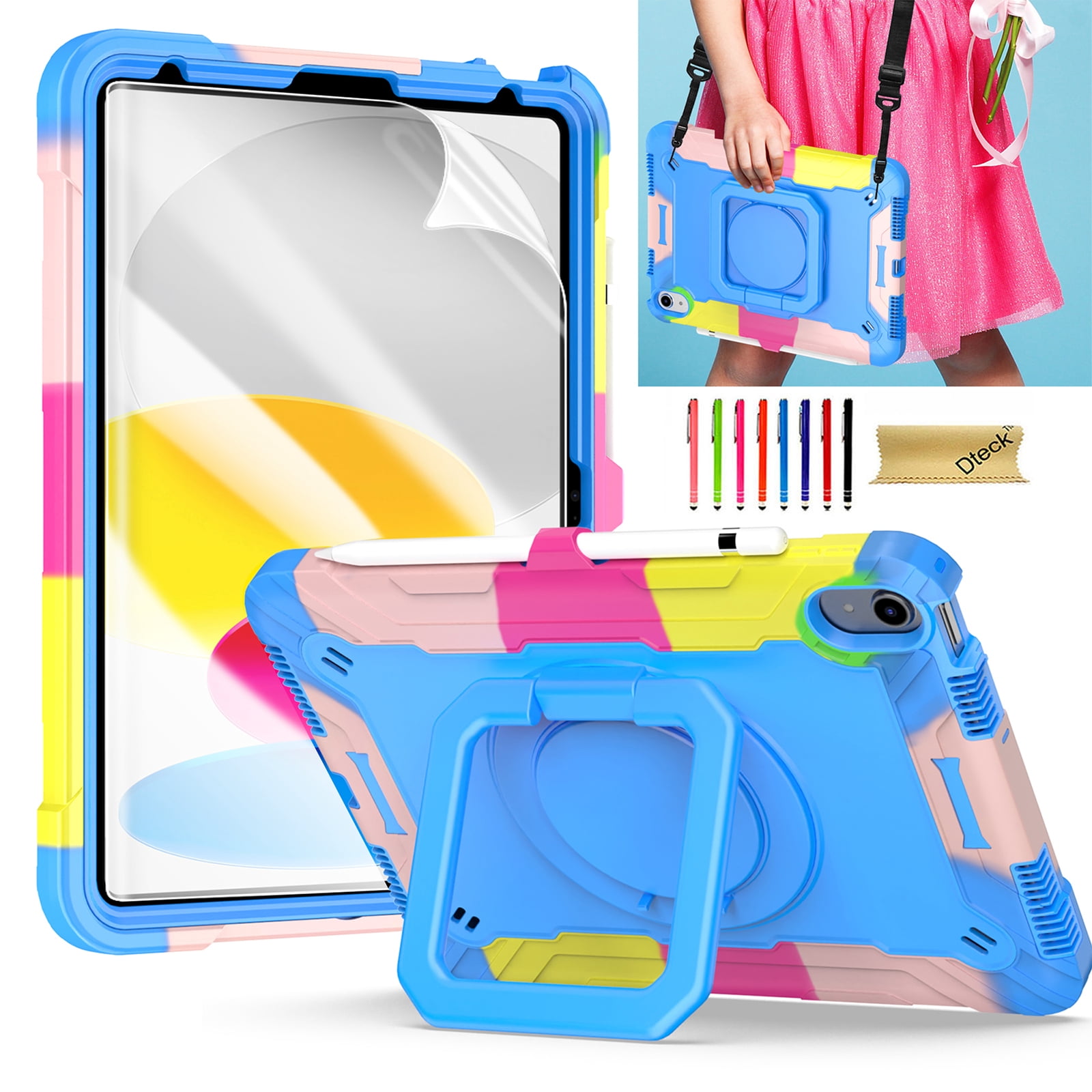 Dteck iPad 10th Generation Case, New iPad 2022 10.9 inch Rugged Case with Screen Protector, Rotating Stand/Pencil Holder/Carrying Shoulder Strap,Colorful Blue