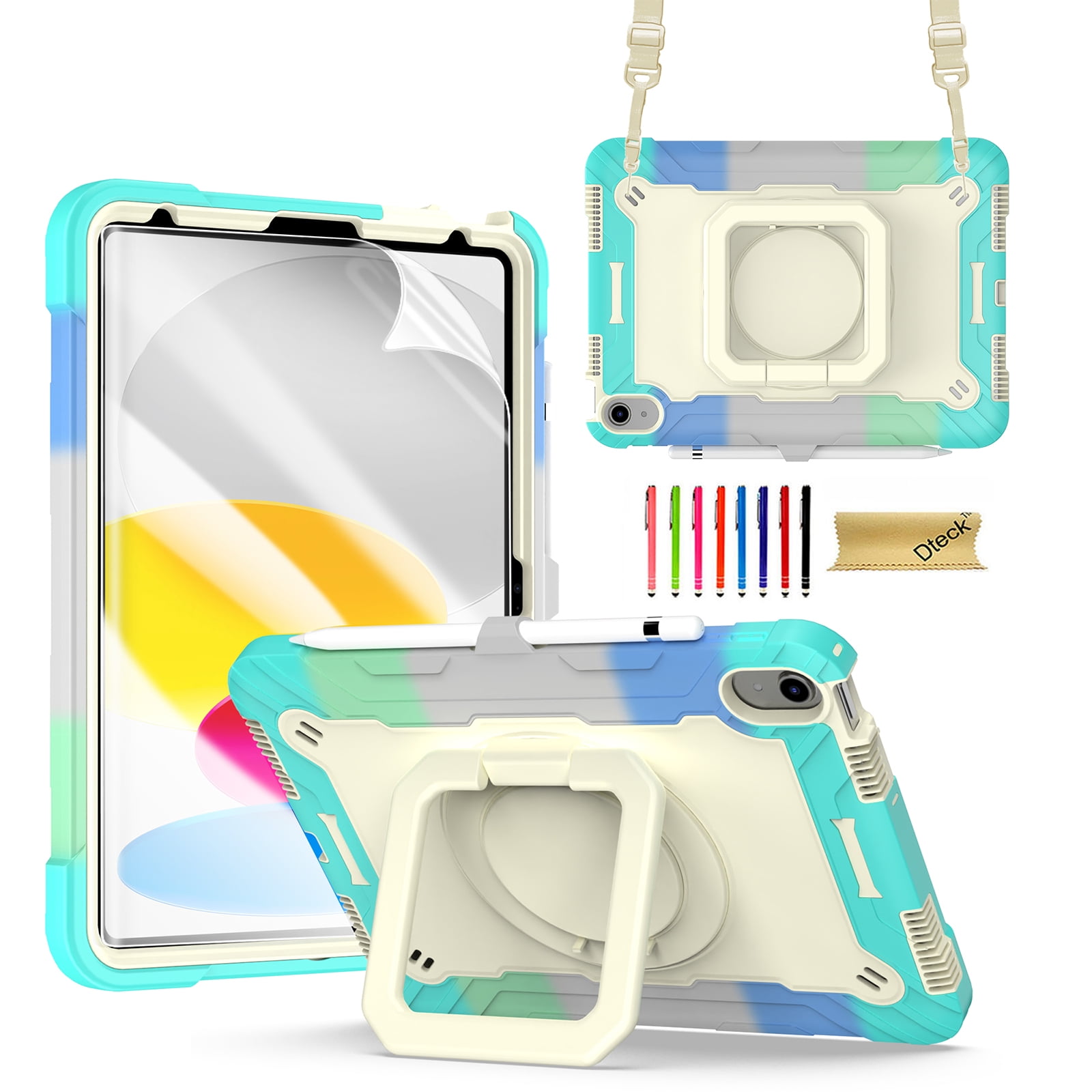 Dteck iPad 10th Generation Case, New iPad 2022 10.9 inch Rugged Case with Screen Protector, Rotating Stand/Pencil Holder/Carrying Shoulder Strap,Colorful Green