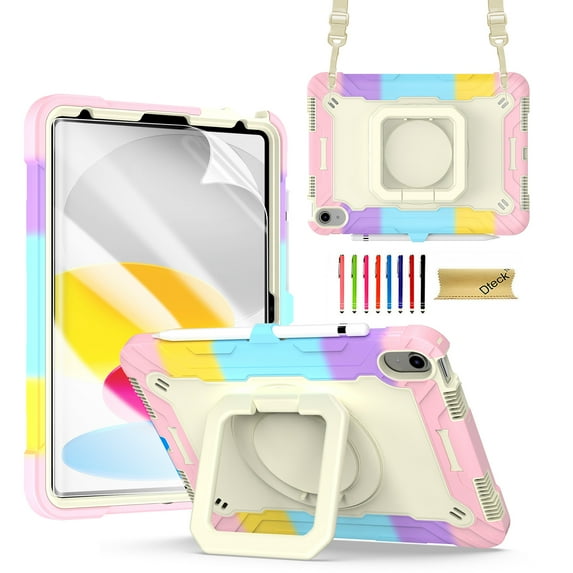 Dteck iPad 10th Generation Case, New iPad 2022 10.9 inch Rugged Case with Screen Protector, Rotating Stand/Pencil Holder/Carrying Shoulder Strap,Colorful Pink