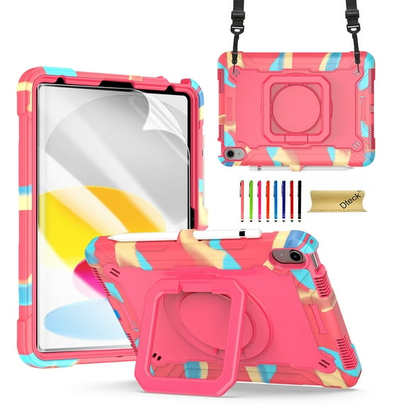 Dteck iPad 10th Generation Case, New iPad 2022 10.9 inch Rugged Case with Screen Protector, Rotating Stand/Pencil Holder/Carrying Shoulder Strap,Colorful Rose
