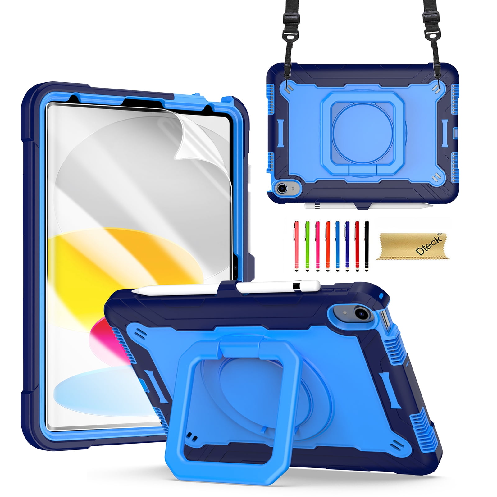 Dteck iPad 10th Generation Case, New iPad 2022 10.9 inch Rugged Case with Screen Protector, Rotating Stand/Pencil Holder/Carrying Shoulder Strap,Blue