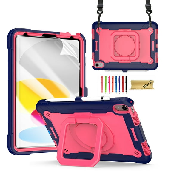Dteck iPad 10th Generation Case, New iPad 2022 10.9 inch Rugged Case with Screen Protector, Rotating Stand/Pencil Holder/Carrying Shoulder Strap,Rose