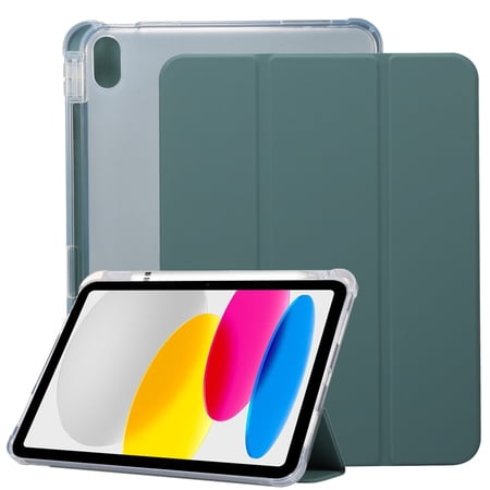 Dteck for iPad 10th Generation Case with Pencil Holder 2022 iPad 10.9 Inch Case, Clear Transparent Back Shell Trifold Protective Shockproof Auto Sleep/Wake Smart Stand Cover, Darkgreen
