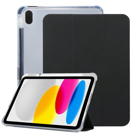 Dteck for iPad 10th Generation Case with Pencil Holder 2022 iPad 10.9 Inch Case, Clear Transparent Back Shell Trifold Protective Shockproof Auto Sleep/Wake Smart Stand Cover, Black