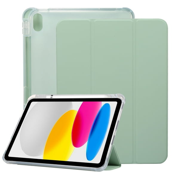Dteck for iPad 10th Generation Case with Pencil Holder 2022 iPad 10.9 Inch Case, Clear Transparent Back Shell Trifold Protective Shockproof Auto Sleep/Wake Smart Stand Cover, Matchagreen