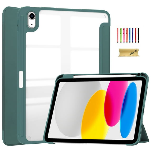 Dteck for iPad 10th Generation Case with Pencil Holder, Clear Back Cover Tri Fild Stand Magnetic Flip Folio Smart Case Auto Wake Sleep for New iPad 2022 10.9 inch, Deep Green