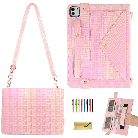 Dteck for iPad 10th Generation Case, Portfolio Case Shoulder Bag for 10.9-inch iPad 10th Gen, PU Leather Business iPad Case with Pencil Holder Envelope Pocket Hand Strap Holder,Deep Pink