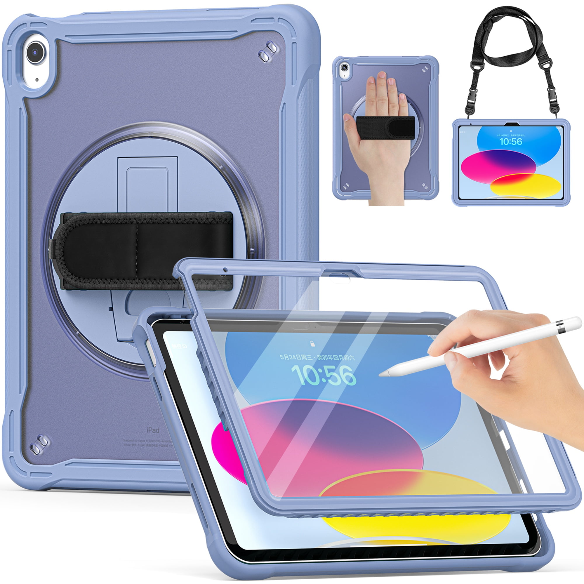 Dteck for iPad 10th Generation Case with Screen Protector,360 Rotating Stand & Pencil Holder & Hand & Shoulder Strap Shockproof Kids Case for 10.9 inch iPad 10th Gen 2022,Purple