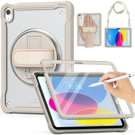 Dteck for iPad 10th Generation Case with Screen Protector,360 Rotating Stand & Pencil Holder & Hand & Shoulder Strap Shockproof Kids Case for 10.9 inch iPad 10th Gen 2022,White