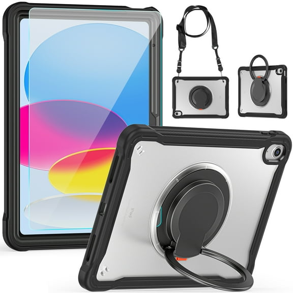 Dteck for iPad 10th Generation Case, iPad 10.9" 10th Gen 2022 Case for Kids, Heavy Duty Drop Protection Shockproof Rugged Cover with Shoulder Strap + Rotating Handle Stand Screen Protector,Black