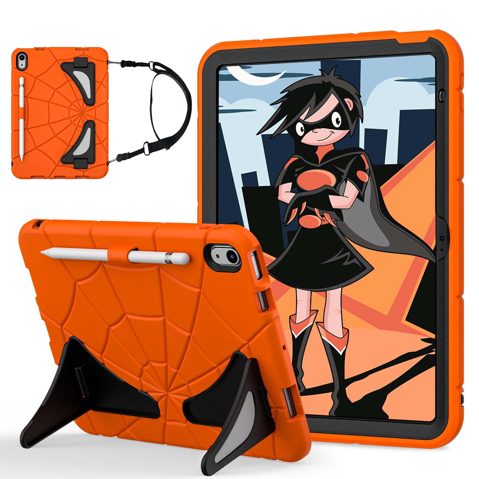 Dteck iPad 10th Generation Case iPad 10.9 Case 2022 New iPad 10th Gen Case for Kids 10.9 Inch Shockproof Protective Cover with Pencil Holder & Shoulder Strap & Kickstand for Kids ChildreOrange + Black