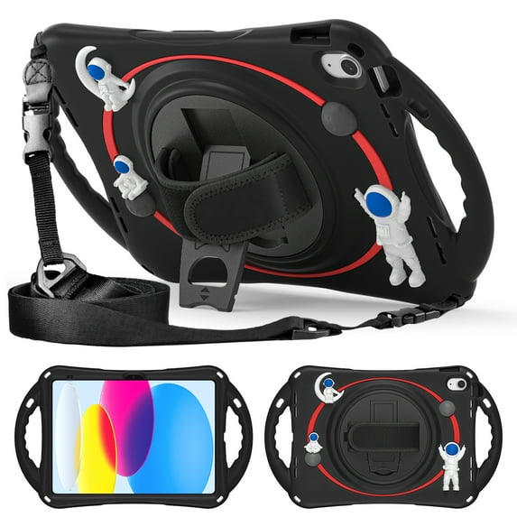 Dteck for iPad 6th/5th Gen Case 9.7 Inch for Kids, iPad Air 2 Case, iPad Air Case Child-Proof Heavy Duty Kids Case with Pencil Cap Holder Kickstand Rotating Hand Strap Carrying Strap, Black