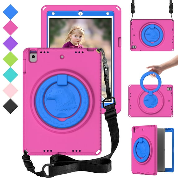 Dteck iPad 6th/5th Generation Case, iPad Air 2 Case, iPad 9.7 Case for Kids, Protective iPad 9.7" Case with Shoulder Strap Swivel Stand for iPad 6/5 Gen (2018/2017 )& iPad Air 2 / Pro 9.7,Rose